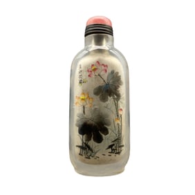Old Chinese Crystal Inside Painting Lotus Leaf & Lotus Flower Design Snuff Bottle w Stopper