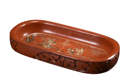 Vintage Chinese Gilt Gold Red Lacquerware Figure Design Tray