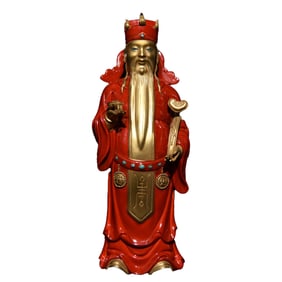 Chinese Gilt Gold Red Glaze Fortune Taoism Deity Porcelain Statue
