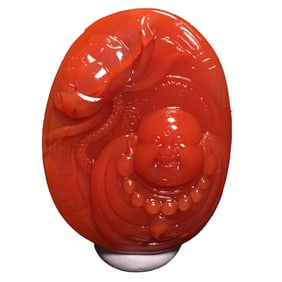 Superb Chinese Nanhong Agate Carved Laughing Buddha Pendant