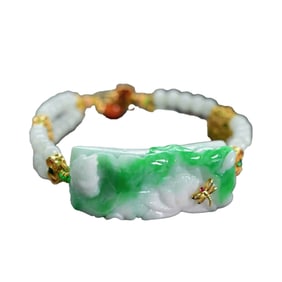 Exquisite Jadeite Carved Lotus Flower & Carp Beads Bracelet