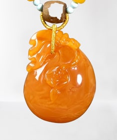 Beautiful Beeswax Carved Money Bag Pendant w Hand Woven Beads Necklace
