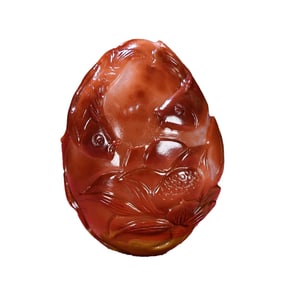Chinese Agate Carved Carp & Lotus Flower Pendant