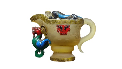 Vintage Chinese Colored Drawing Peking Glass Chi Dragon Wine Cup
