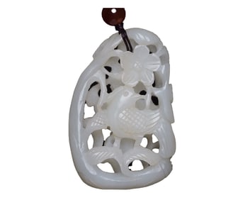Openwork Chinese White Hetian Jade Carved Plum Flower & Magpie Pendant