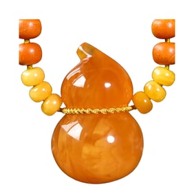 Beautiful Beeswax Carved Gourd Pendant w Hand Woven Beads Necklace