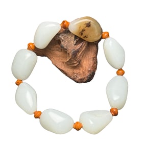Hand Woven Chinese White Hetian Jade Original Stone Beads Bracelet