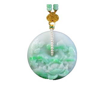 Exquisite Jadeite Carved Peony Pendant w Hand Carved Jadeite Beads Necklace