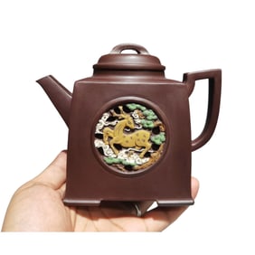 Antique Chinese Colored Drawing Yixing Zisha Fortune Deer Teapot