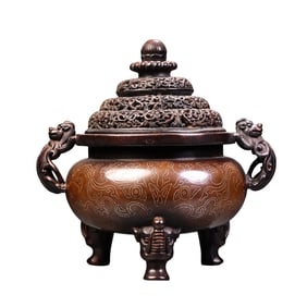 Vintage Chinese Copper Inlay Silver Wires Double Ear Fortune Dragon Incense Burner
