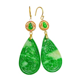 A Pair Exquisite 925 Silver Inlay Green Jadeite Earring