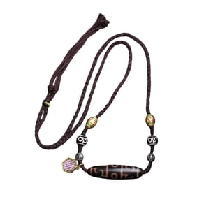 Old Tibetan Three Eye DZI Agate Lucky Pendant w Hand Woven Necklace