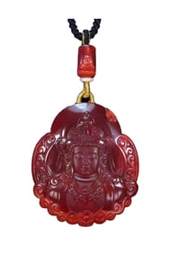 Superb Chinese Nanhong Agate Carved Kwna-yin Pendant