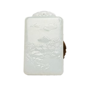 Chinese Hetian Jade Low Relief Mountain River Scene Pendant
