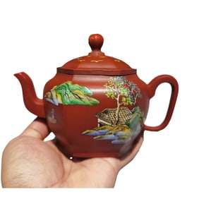 Antique Chinese Colored Drawing Yixing Zisha Mountain River Scene Teapot