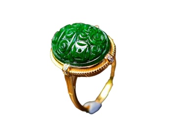 Exquisite Silver Plated Gilt Gold Inlay Jadeite Ring
