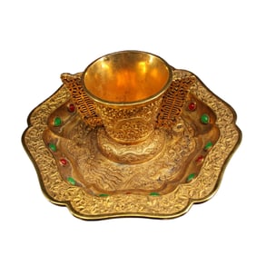 Vintage Chinese Gilt Gold Copper Fortune Dragon Wine Cup w Plate