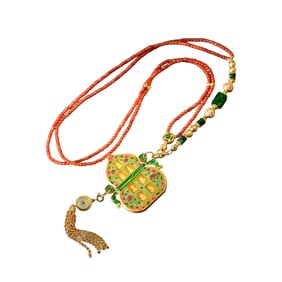 Beautiful Copper Enamel Gourd Pendant w Hand Woven Green Jadeite & Nanhong Agate Beads Necklace