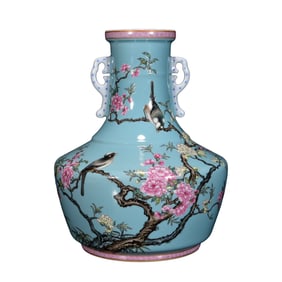 Chinese Qing Dynasty Gilt Edge Famille Rose Flowers Bird Design Porcelain Vase