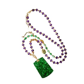 Exquisite Green Jadeite Low Relief Ruyi Pendant w Hand Woven Amethyst & Jadeite Beads Necklace