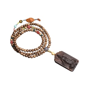 Superb Old Chinese Chenxiang Wood Carved Kwan-yin Pendant w Hand Woven Beads Necklace