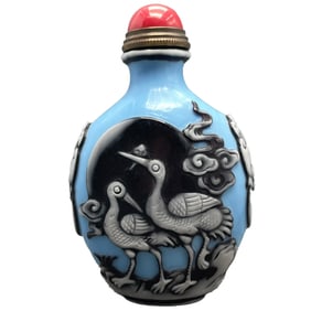 Chinese Peking Glass Low Relief Crane Snuff Bottle