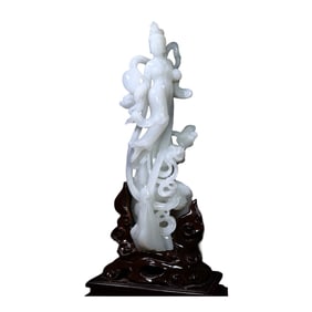 Exquisite Chinese White Hetian Jade Carved Feitian Female Deity Statue