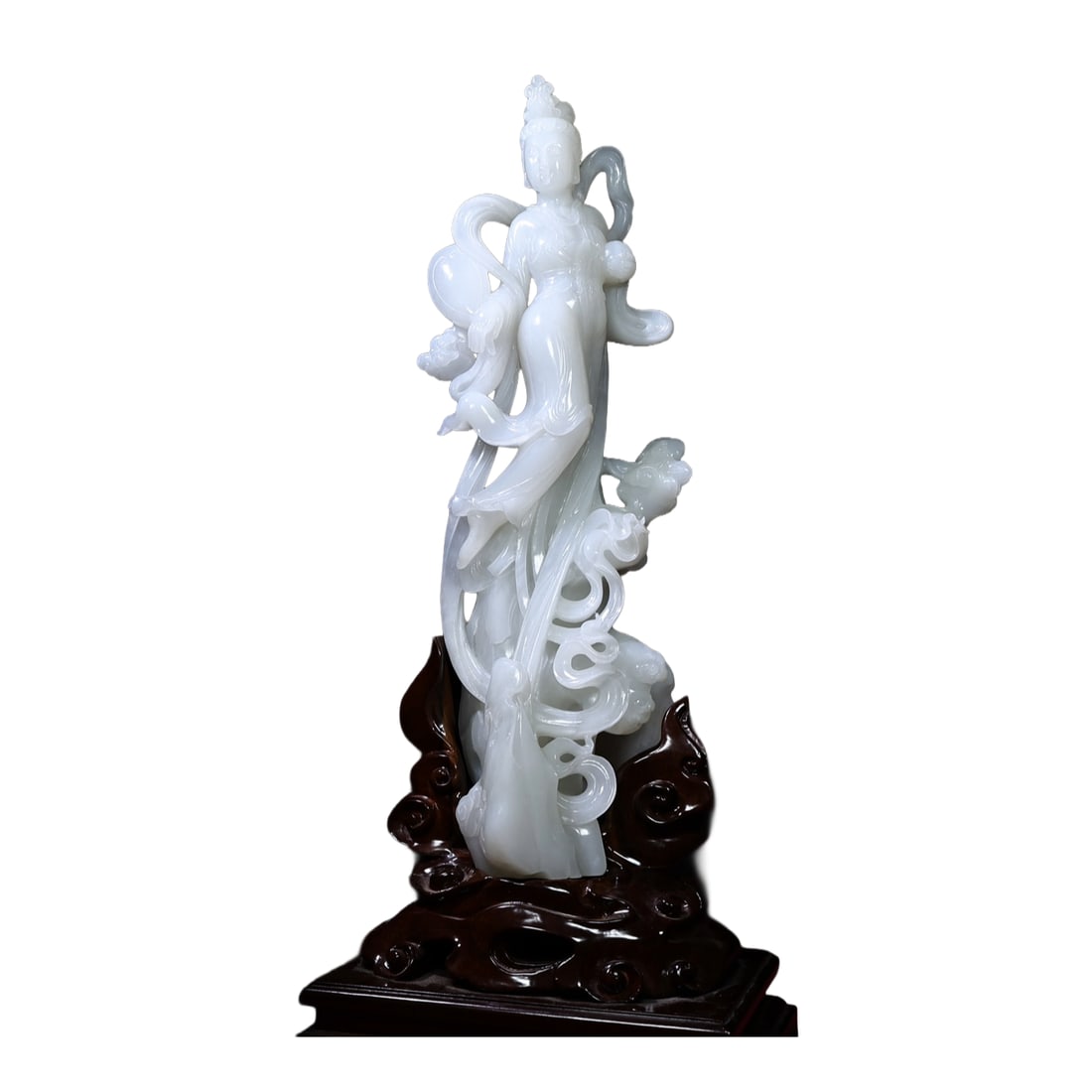 Exquisite Chinese White Hetian Jade Carved Feitian Female Deity Statue