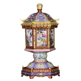 Chinese Gilt Gold Famille Rose Enamel Flowers Bird & Kids Design Porcelain Incense Burner