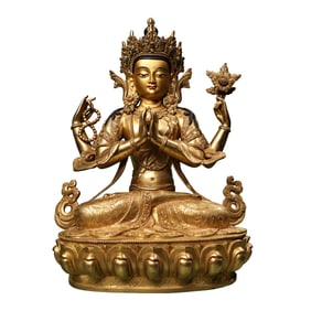 Tibetan Gilt Gold Copper Inlay Gems Four Arm Kwan-yin Statue