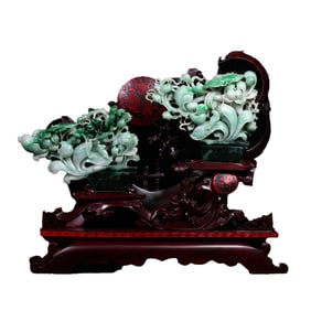A Pair Exquisite Jadeite Carved Flowers Butterfly Statue w Base