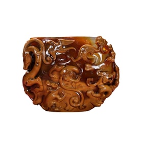 High Quality Chinese Agate Carved Four Divine Beast Brush Pot