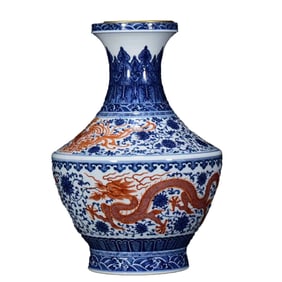 Chinese Qing Dynasty Iron Red Glaze + Blue And White Porcelain Fortune Dragon Design Porcelain Vase