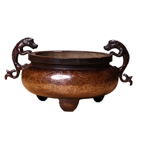 Vintage Chinese Copper Inlay Silver Wires Fortune Dragon Double Ear Incense Burner