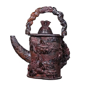 Vintage Ox Horn Carved Pine Tree Handle Teapot