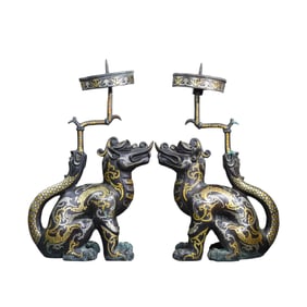 A Pair Vintage Chinese Silver Plated Gilt Gold Bronze Fortune Beast Candlestick