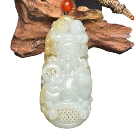 Chinese Hetian Jade Carved Fortune Taoism Deity Pendant