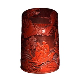 Vintage Chinese Red Lacquerware Low Relief Eighteen Arhat Brush Pot