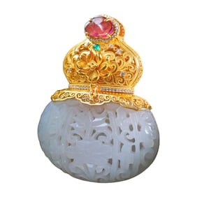 Exquisite 18K Gold Inlay Hetian Jade & Tourmaline Sachet Pendant