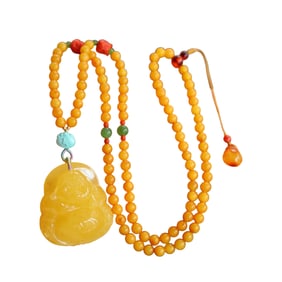 Beautiful Beeswax Carved Laughing Buddha Pendant w Hand Woven Beads Necklace