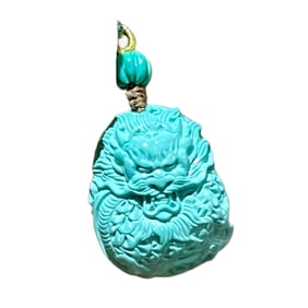 Exquisite Turquoise Carved Fortune Dragon Pendant w Hand Woven Beads Necklace