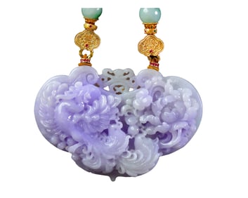 Exquisite Purple Jadeite Carved Phoenix & Peony Pendant w Hand Woven Beads Necklace