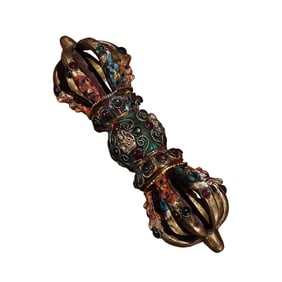 Tibetan Buddhism Gilt Gold Copper Inlay Turquoise & Gems Pestle Xiangmo Statue