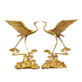 A Pair Vintage Chinese Gilt Gold Copper Crane Statues