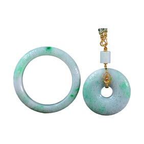 Inside Diameter 57mm Exquisite Green Hetian Jade Bracelet w Jadeite Lucky Pendant