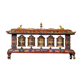 Tibetan Buddhism Gilt Gold Copper Inlay Turquoise & DZI Agate & Gems Prayer Wheel Statue