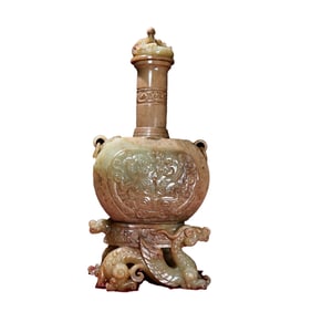 Superb Vintage Chinese Hetian Jade Carved Fortune Dragon Vase