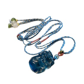 Superb Aquamarine Carved Fortune Pixiu Pendant w Hand Woven Necklace