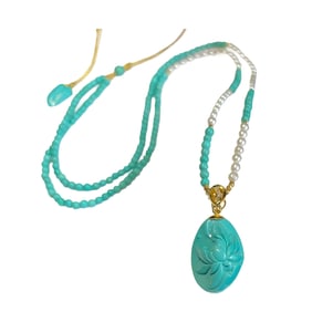 Exquisite Turquoise Carved Lotus Flower Pendant w Hand Woven Beads Necklace