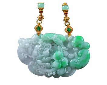 Exquisite Jadeite Carved Flowers Butterfly Pendant w Hand Carved Jadeite Beads Necklace